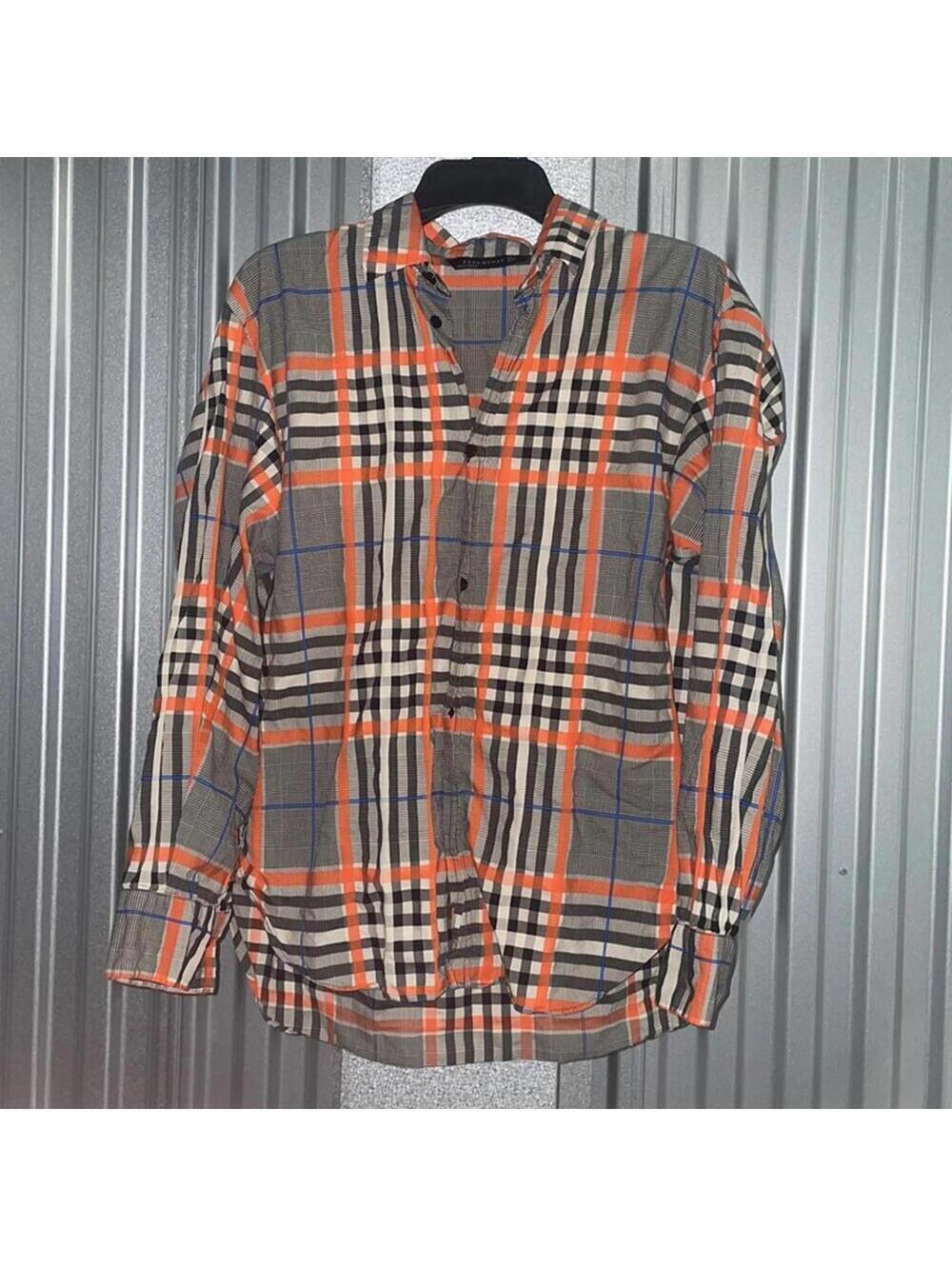 Zara woman Orange Black Blue Plaid Button Down Shirt Work Career Retro